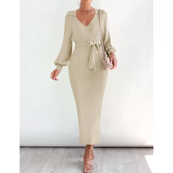 imageZESICA Womens Fall Winter Sweater Dress Long Sleeve Lapel V Neck Ribbed Knit Slim Fit Bodycon Midi Dresses with BeltAlmond