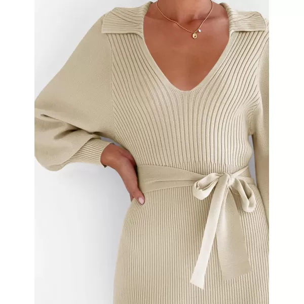 imageZESICA Womens Fall Winter Sweater Dress Long Sleeve Lapel V Neck Ribbed Knit Slim Fit Bodycon Midi Dresses with BeltAlmond