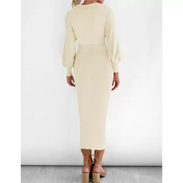 imageZESICA Womens Fall Winter Sweater Dress Long Sleeve Lapel V Neck Ribbed Knit Slim Fit Bodycon Midi Dresses with BeltApricot