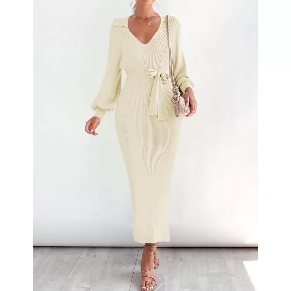 imageZESICA Womens Fall Winter Sweater Dress Long Sleeve Lapel V Neck Ribbed Knit Slim Fit Bodycon Midi Dresses with BeltApricot