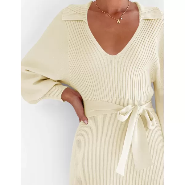 imageZESICA Womens Fall Winter Sweater Dress Long Sleeve Lapel V Neck Ribbed Knit Slim Fit Bodycon Midi Dresses with BeltApricot