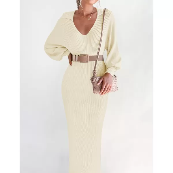 imageZESICA Womens Fall Winter Sweater Dress Long Sleeve Lapel V Neck Ribbed Knit Slim Fit Bodycon Midi Dresses with BeltApricot