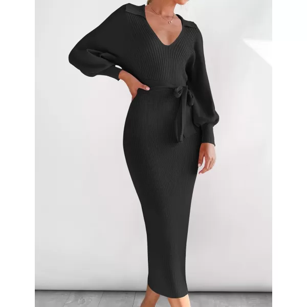 imageZESICA Womens Fall Winter Sweater Dress Long Sleeve Lapel V Neck Ribbed Knit Slim Fit Bodycon Midi Dresses with BeltBlack