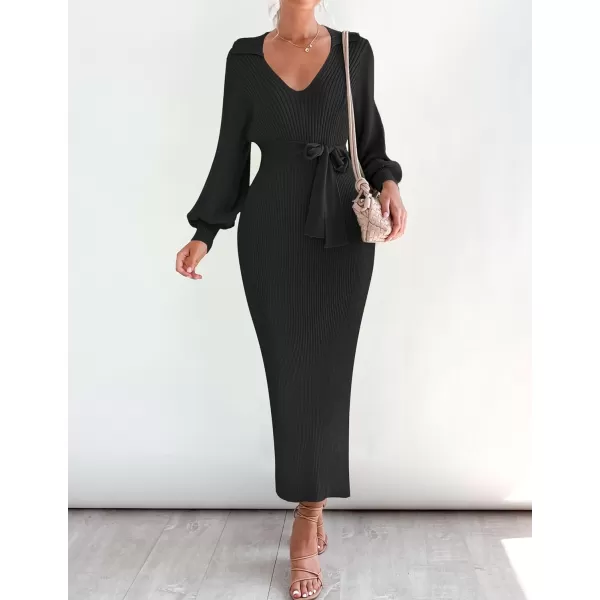 imageZESICA Womens Fall Winter Sweater Dress Long Sleeve Lapel V Neck Ribbed Knit Slim Fit Bodycon Midi Dresses with BeltBlack