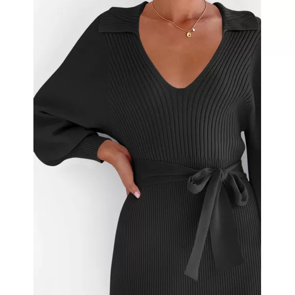 imageZESICA Womens Fall Winter Sweater Dress Long Sleeve Lapel V Neck Ribbed Knit Slim Fit Bodycon Midi Dresses with BeltBlack