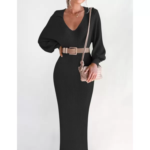 imageZESICA Womens Fall Winter Sweater Dress Long Sleeve Lapel V Neck Ribbed Knit Slim Fit Bodycon Midi Dresses with BeltBlack