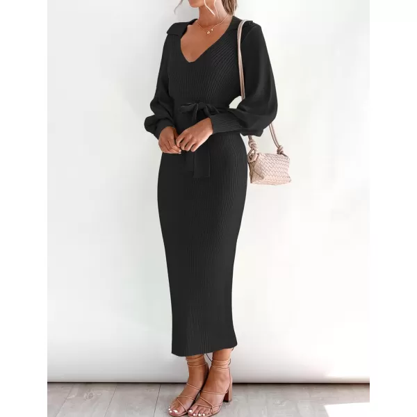 imageZESICA Womens Fall Winter Sweater Dress Long Sleeve Lapel V Neck Ribbed Knit Slim Fit Bodycon Midi Dresses with BeltBlack