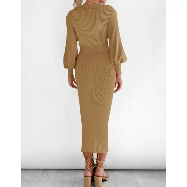 imageZESICA Womens Fall Winter Sweater Dress Long Sleeve Lapel V Neck Ribbed Knit Slim Fit Bodycon Midi Dresses with BeltCamel
