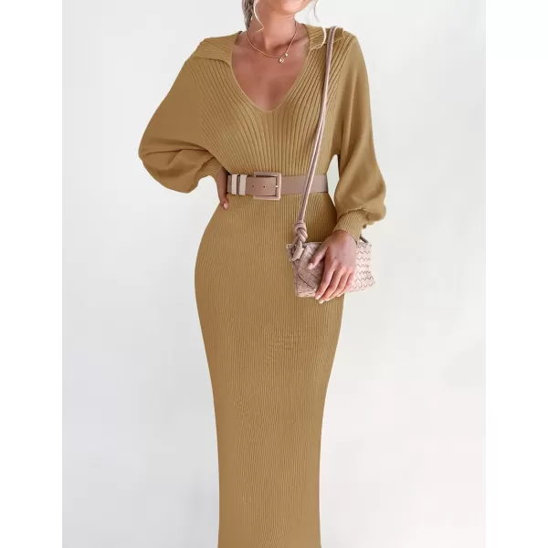 imageZESICA Womens Fall Winter Sweater Dress Long Sleeve Lapel V Neck Ribbed Knit Slim Fit Bodycon Midi Dresses with BeltCamel