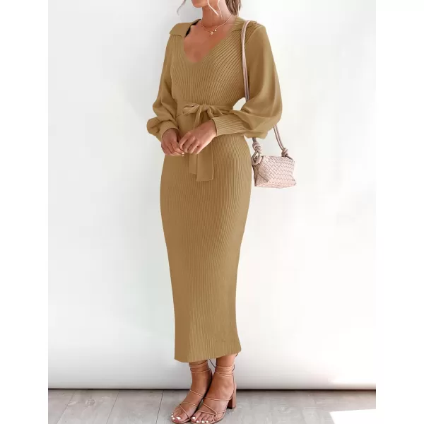 imageZESICA Womens Fall Winter Sweater Dress Long Sleeve Lapel V Neck Ribbed Knit Slim Fit Bodycon Midi Dresses with BeltCamel