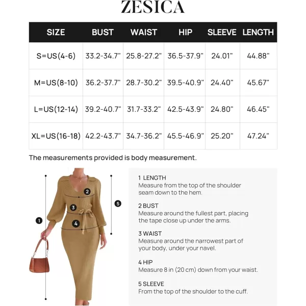 imageZESICA Womens Fall Winter Sweater Dress Long Sleeve Lapel V Neck Ribbed Knit Slim Fit Bodycon Midi Dresses with BeltCamel