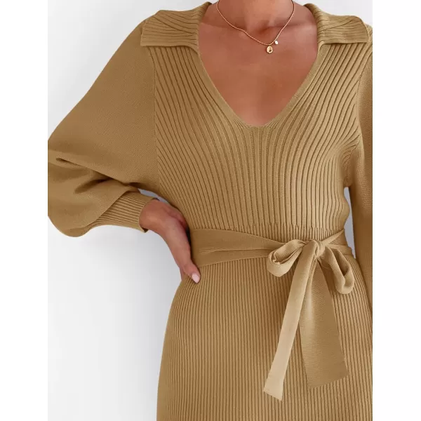 imageZESICA Womens Fall Winter Sweater Dress Long Sleeve Lapel V Neck Ribbed Knit Slim Fit Bodycon Midi Dresses with BeltCamel