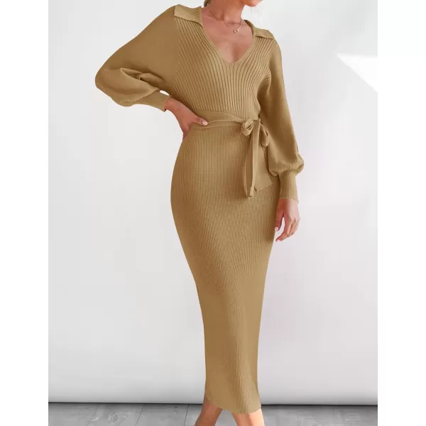 imageZESICA Womens Fall Winter Sweater Dress Long Sleeve Lapel V Neck Ribbed Knit Slim Fit Bodycon Midi Dresses with BeltCamel