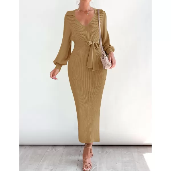 imageZESICA Womens Fall Winter Sweater Dress Long Sleeve Lapel V Neck Ribbed Knit Slim Fit Bodycon Midi Dresses with BeltCamel