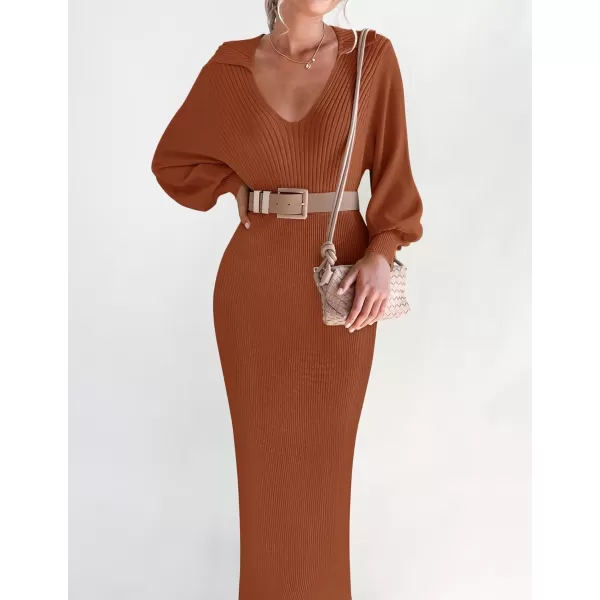 imageZESICA Womens Fall Winter Sweater Dress Long Sleeve Lapel V Neck Ribbed Knit Slim Fit Bodycon Midi Dresses with BeltRust