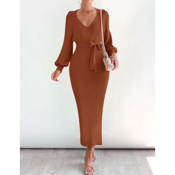 imageZESICA Womens Fall Winter Sweater Dress Long Sleeve Lapel V Neck Ribbed Knit Slim Fit Bodycon Midi Dresses with BeltRust