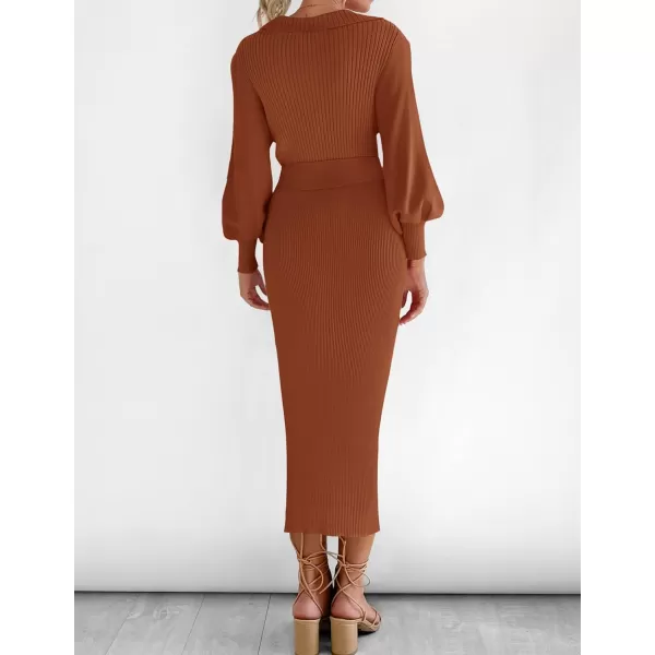 imageZESICA Womens Fall Winter Sweater Dress Long Sleeve Lapel V Neck Ribbed Knit Slim Fit Bodycon Midi Dresses with BeltRust