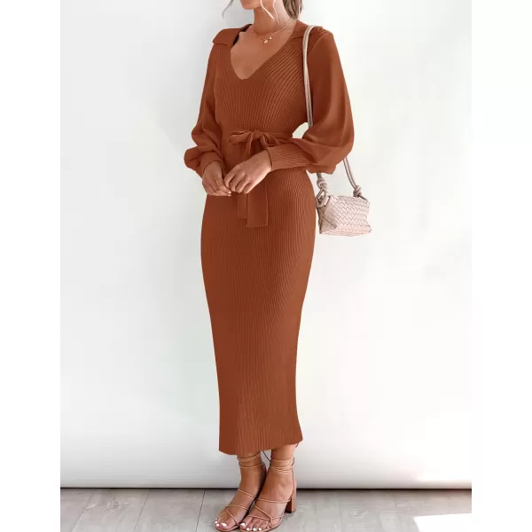 imageZESICA Womens Fall Winter Sweater Dress Long Sleeve Lapel V Neck Ribbed Knit Slim Fit Bodycon Midi Dresses with BeltRust