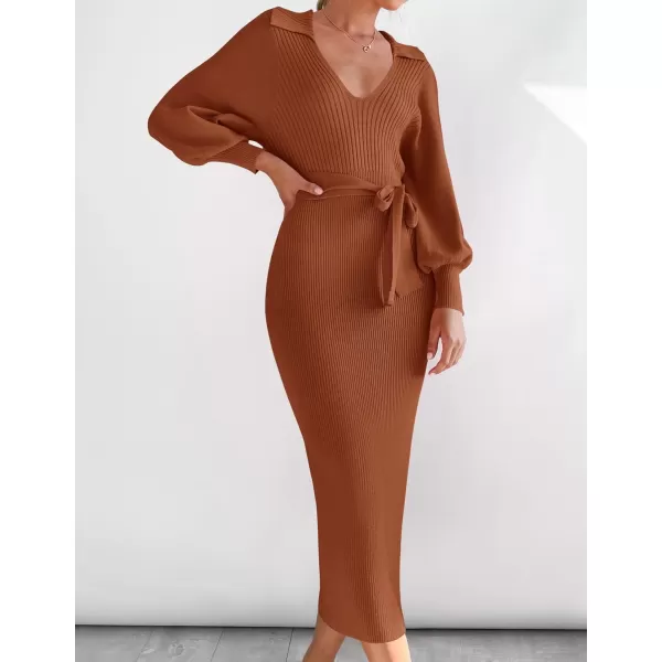 imageZESICA Womens Fall Winter Sweater Dress Long Sleeve Lapel V Neck Ribbed Knit Slim Fit Bodycon Midi Dresses with BeltRust