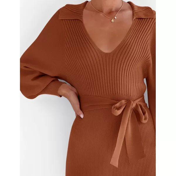 imageZESICA Womens Fall Winter Sweater Dress Long Sleeve Lapel V Neck Ribbed Knit Slim Fit Bodycon Midi Dresses with BeltRust