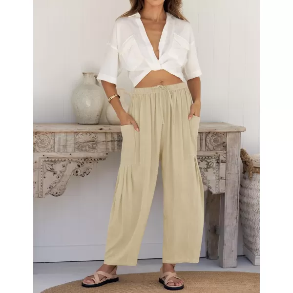 imageZESICA Womens Linen Wide Leg Pants High Waist Drawstring Casual Loose Flowy Palazzo Harem Trousers with PocketsApricot
