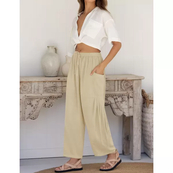 imageZESICA Womens Linen Wide Leg Pants High Waist Drawstring Casual Loose Flowy Palazzo Harem Trousers with PocketsApricot