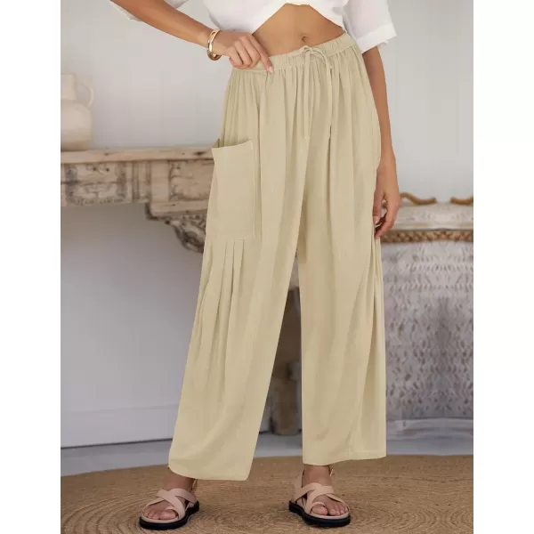 imageZESICA Womens Linen Wide Leg Pants High Waist Drawstring Casual Loose Flowy Palazzo Harem Trousers with PocketsApricot