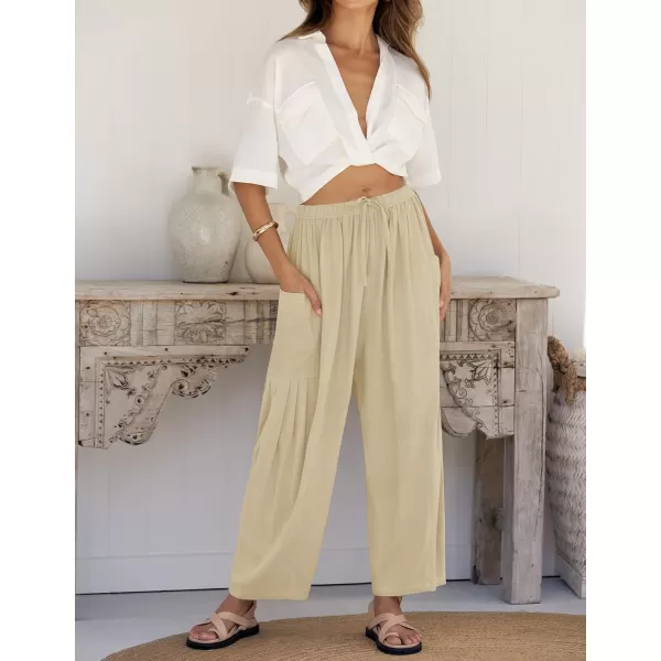 imageZESICA Womens Linen Wide Leg Pants High Waist Drawstring Casual Loose Flowy Palazzo Harem Trousers with PocketsApricot