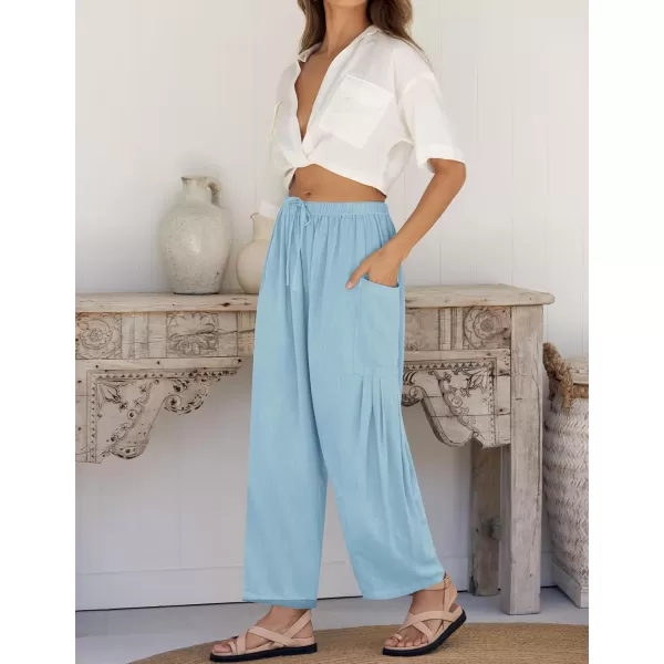 imageZESICA Womens Linen Wide Leg Pants High Waist Drawstring Casual Loose Flowy Palazzo Harem Trousers with PocketsBlue