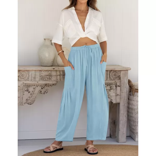 imageZESICA Womens Linen Wide Leg Pants High Waist Drawstring Casual Loose Flowy Palazzo Harem Trousers with PocketsBlue