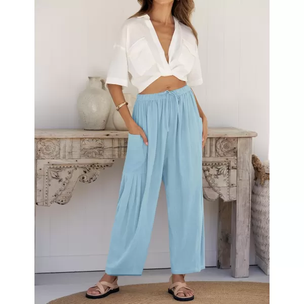imageZESICA Womens Linen Wide Leg Pants High Waist Drawstring Casual Loose Flowy Palazzo Harem Trousers with PocketsBlue