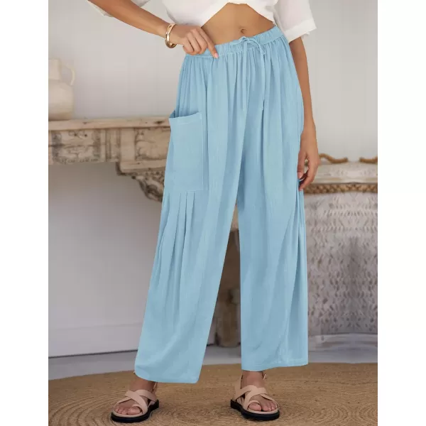 imageZESICA Womens Linen Wide Leg Pants High Waist Drawstring Casual Loose Flowy Palazzo Harem Trousers with PocketsBlue
