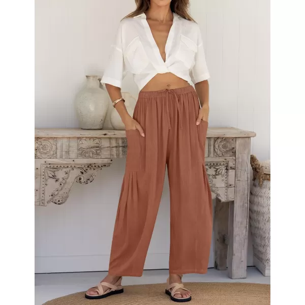 imageZESICA Womens Linen Wide Leg Pants High Waist Drawstring Casual Loose Flowy Palazzo Harem Trousers with PocketsBrickred