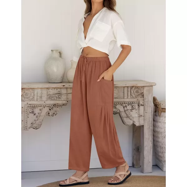 imageZESICA Womens Linen Wide Leg Pants High Waist Drawstring Casual Loose Flowy Palazzo Harem Trousers with PocketsBrickred