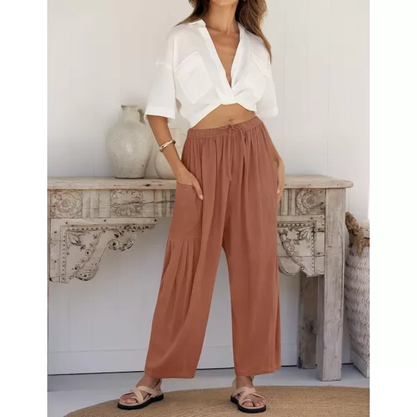 imageZESICA Womens Linen Wide Leg Pants High Waist Drawstring Casual Loose Flowy Palazzo Harem Trousers with PocketsBrickred