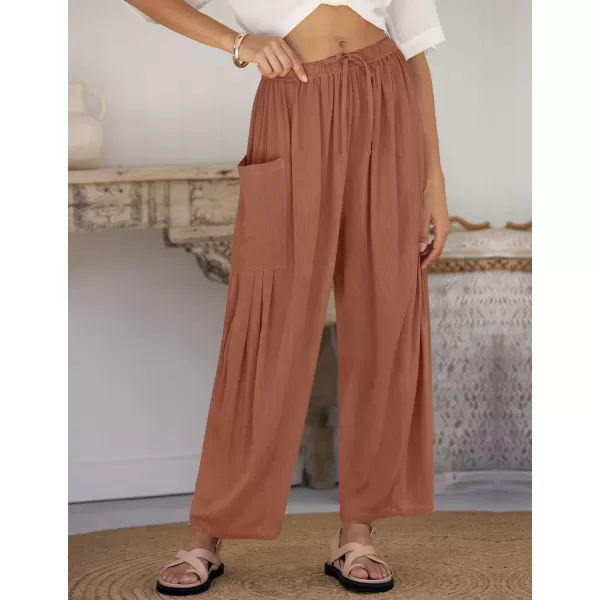 imageZESICA Womens Linen Wide Leg Pants High Waist Drawstring Casual Loose Flowy Palazzo Harem Trousers with PocketsBrickred