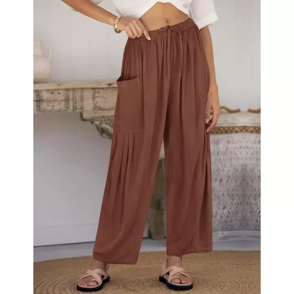 imageZESICA Womens Linen Wide Leg Pants High Waist Drawstring Casual Loose Flowy Palazzo Harem Trousers with PocketsCoffee