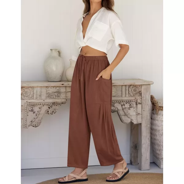 imageZESICA Womens Linen Wide Leg Pants High Waist Drawstring Casual Loose Flowy Palazzo Harem Trousers with PocketsCoffee