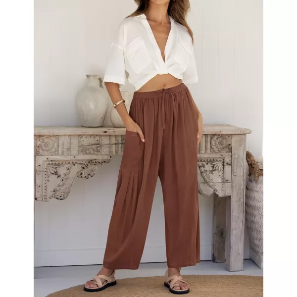 imageZESICA Womens Linen Wide Leg Pants High Waist Drawstring Casual Loose Flowy Palazzo Harem Trousers with PocketsCoffee