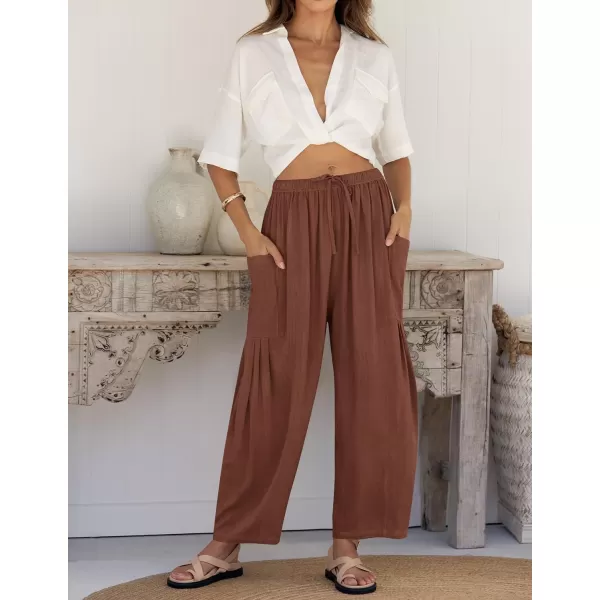 imageZESICA Womens Linen Wide Leg Pants High Waist Drawstring Casual Loose Flowy Palazzo Harem Trousers with PocketsCoffee