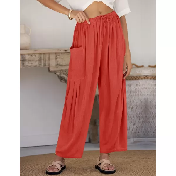 imageZESICA Womens Linen Wide Leg Pants High Waist Drawstring Casual Loose Flowy Palazzo Harem Trousers with PocketsCoral