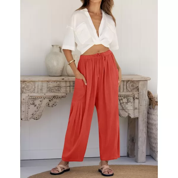 imageZESICA Womens Linen Wide Leg Pants High Waist Drawstring Casual Loose Flowy Palazzo Harem Trousers with PocketsCoral