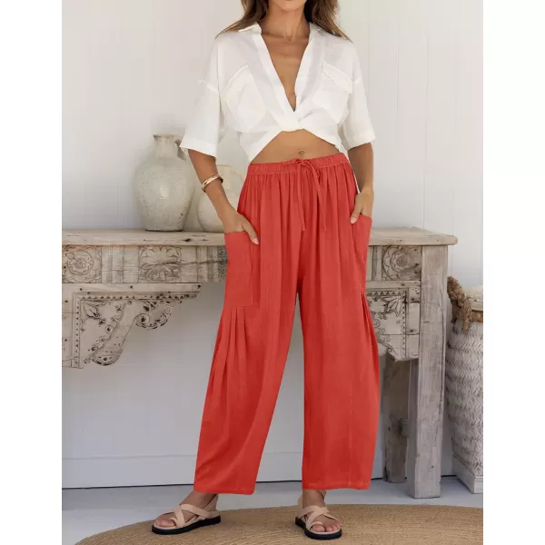 imageZESICA Womens Linen Wide Leg Pants High Waist Drawstring Casual Loose Flowy Palazzo Harem Trousers with PocketsCoral