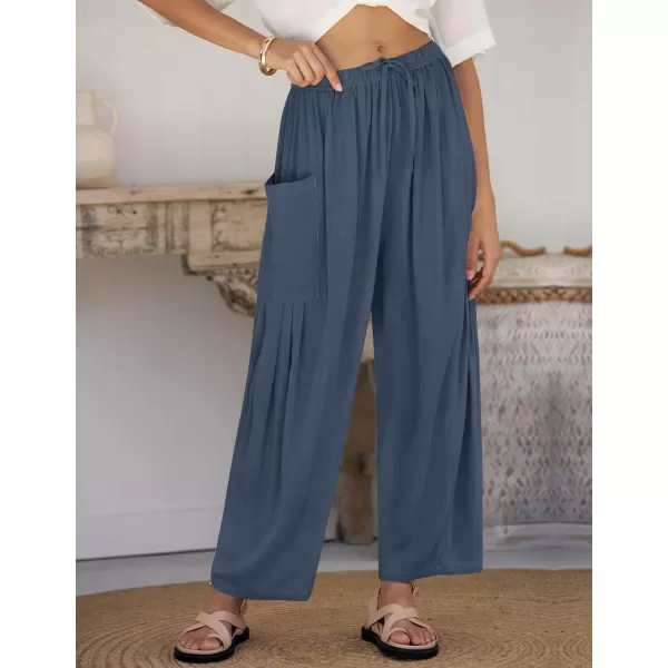 imageZESICA Womens Linen Wide Leg Pants High Waist Drawstring Casual Loose Flowy Palazzo Harem Trousers with PocketsDustyblue