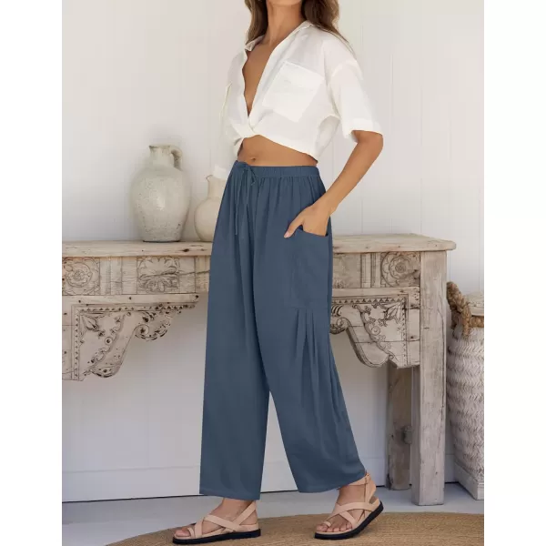 imageZESICA Womens Linen Wide Leg Pants High Waist Drawstring Casual Loose Flowy Palazzo Harem Trousers with PocketsDustyblue