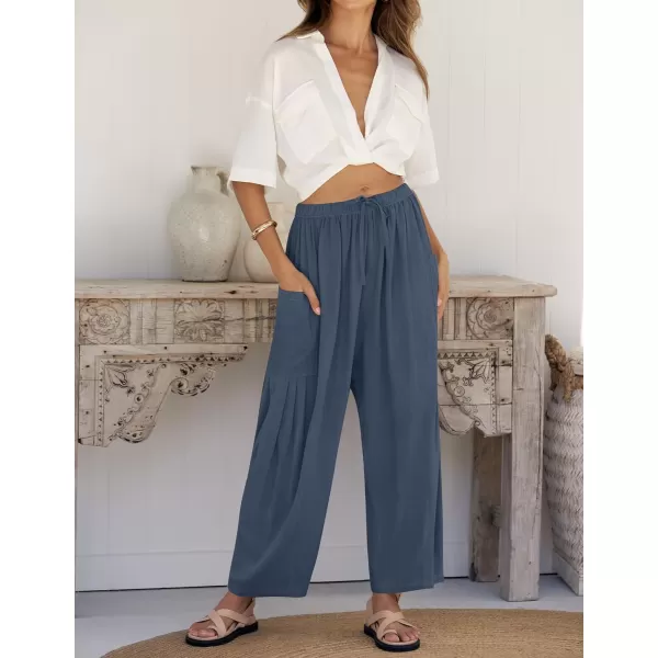 imageZESICA Womens Linen Wide Leg Pants High Waist Drawstring Casual Loose Flowy Palazzo Harem Trousers with PocketsDustyblue