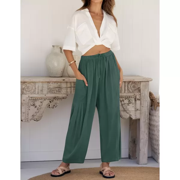 imageZESICA Womens Linen Wide Leg Pants High Waist Drawstring Casual Loose Flowy Palazzo Harem Trousers with PocketsGreen