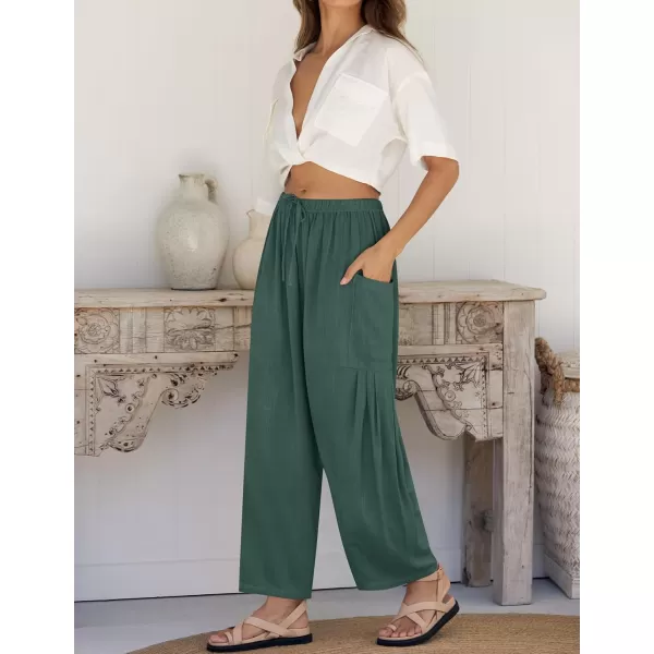 imageZESICA Womens Linen Wide Leg Pants High Waist Drawstring Casual Loose Flowy Palazzo Harem Trousers with PocketsGreen