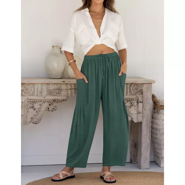imageZESICA Womens Linen Wide Leg Pants High Waist Drawstring Casual Loose Flowy Palazzo Harem Trousers with PocketsGreen