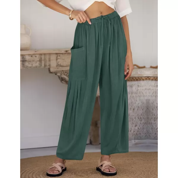 imageZESICA Womens Linen Wide Leg Pants High Waist Drawstring Casual Loose Flowy Palazzo Harem Trousers with PocketsGreen